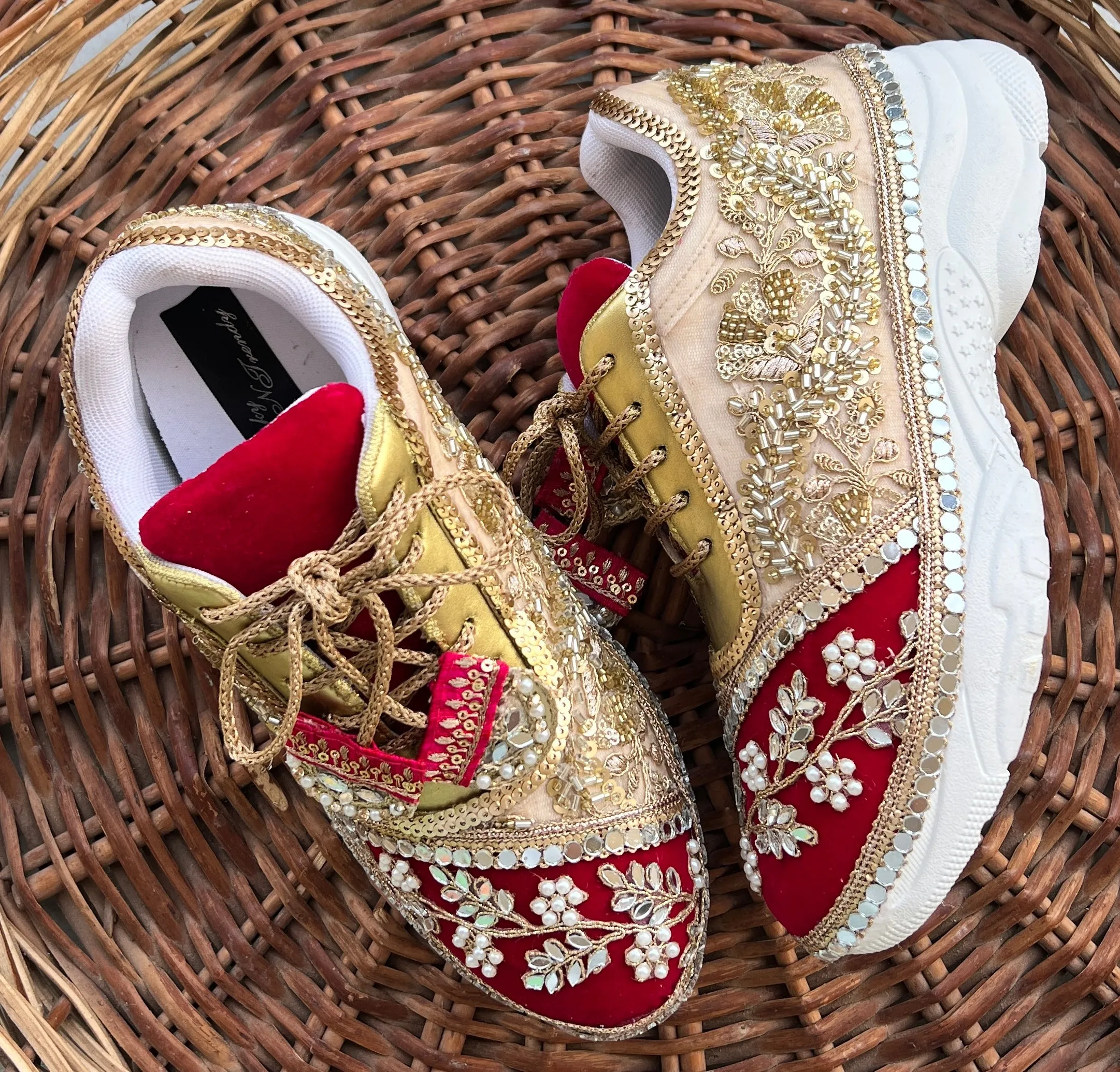 FUNKY N TRENDY red and gold sneakers for brides /bridesmaids / sneakers for bridesmaids/ handcrafted sneakers/ gold sneakers / bridal sneakers / bridesmaid sneakers/ gold sneakers / red shoes/ megenta shoes/ hot pink sneakers