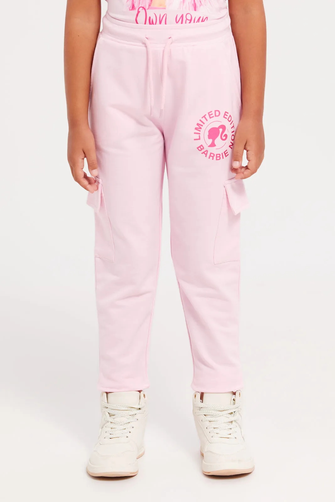 Girls Pink Barbie Printed Track Pants