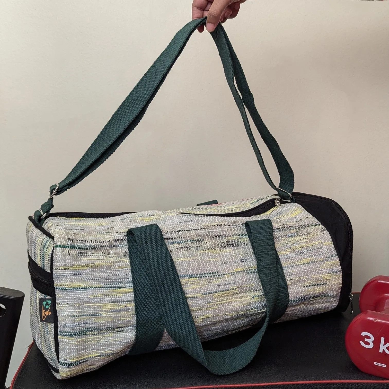 Green Yellow White Upcycled Handwoven Gym Duffle Weekender Bag (GDB1124-001)