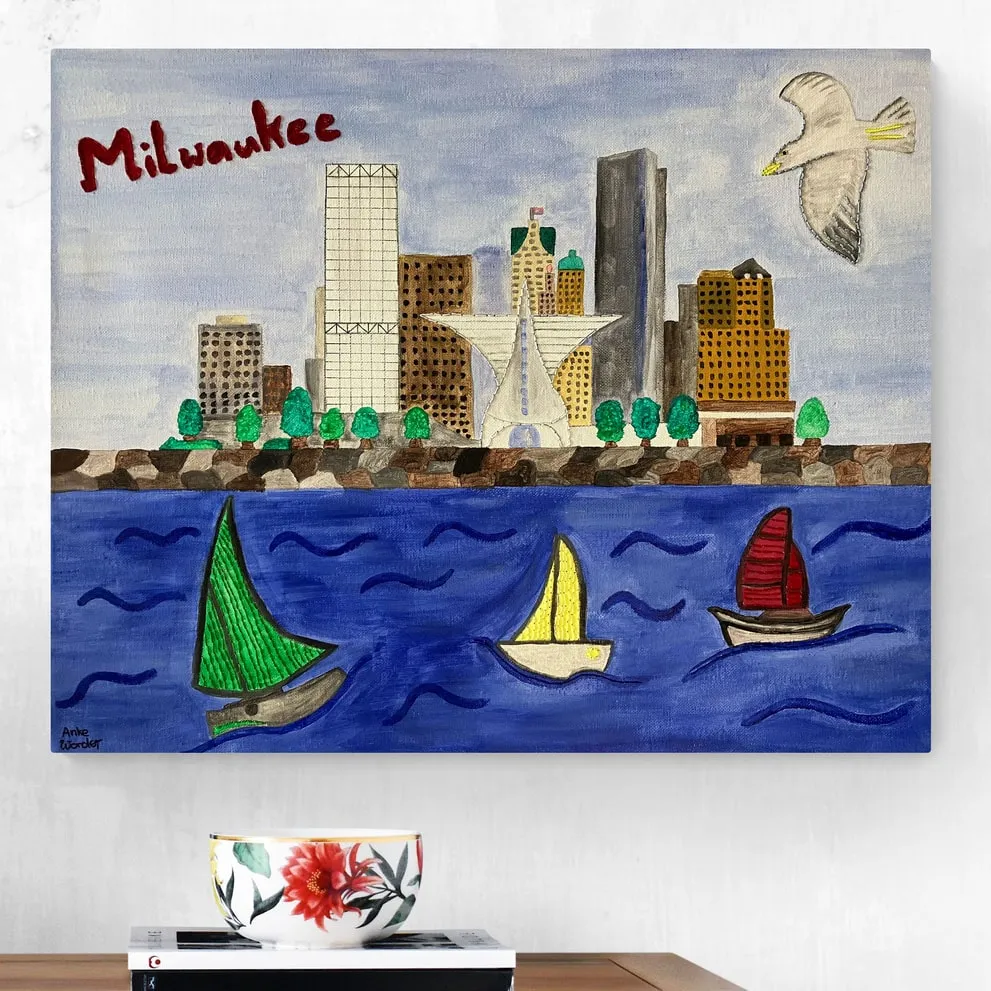 Hand-Embroidered Milwaukee Skyline with Sailboats Acrylic Painting - Original