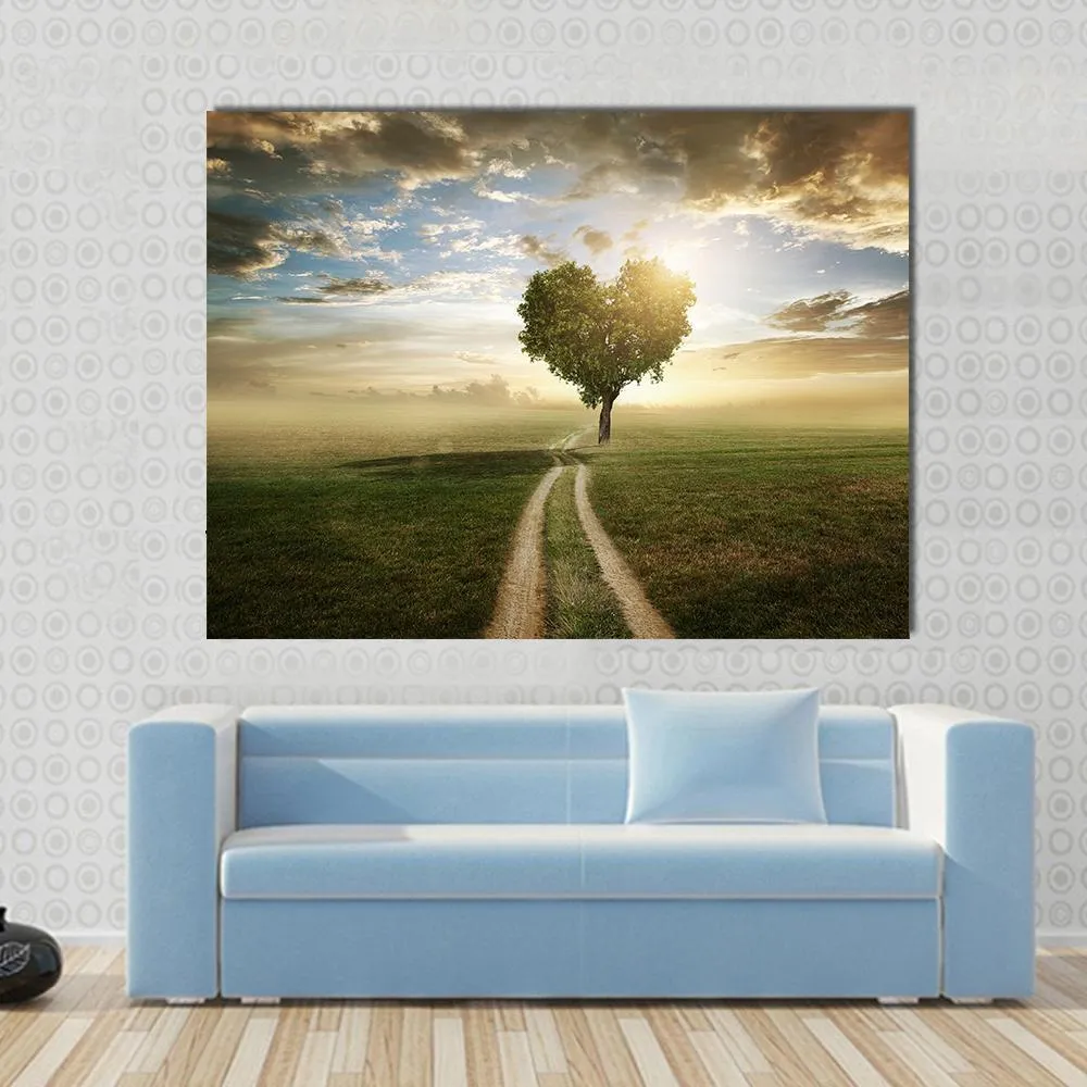 Heart Shaped Tree At Sunset Canvas Wall Art