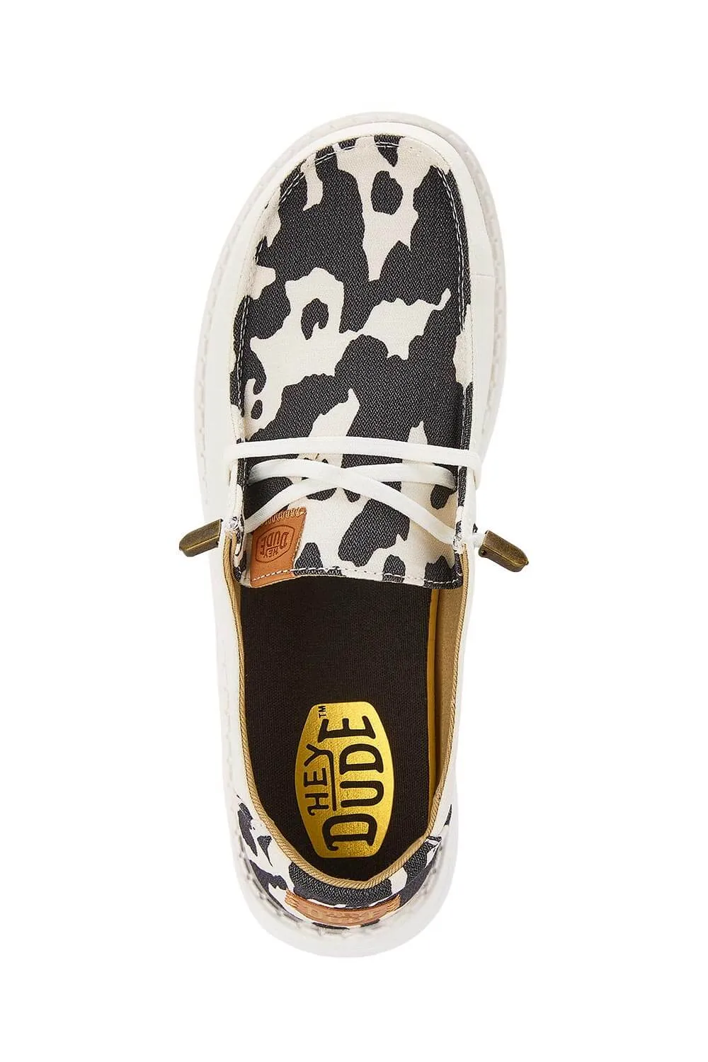 HEYDUDE Women’s Wendy Cow Print Shoes in White/Black | 41037-11G