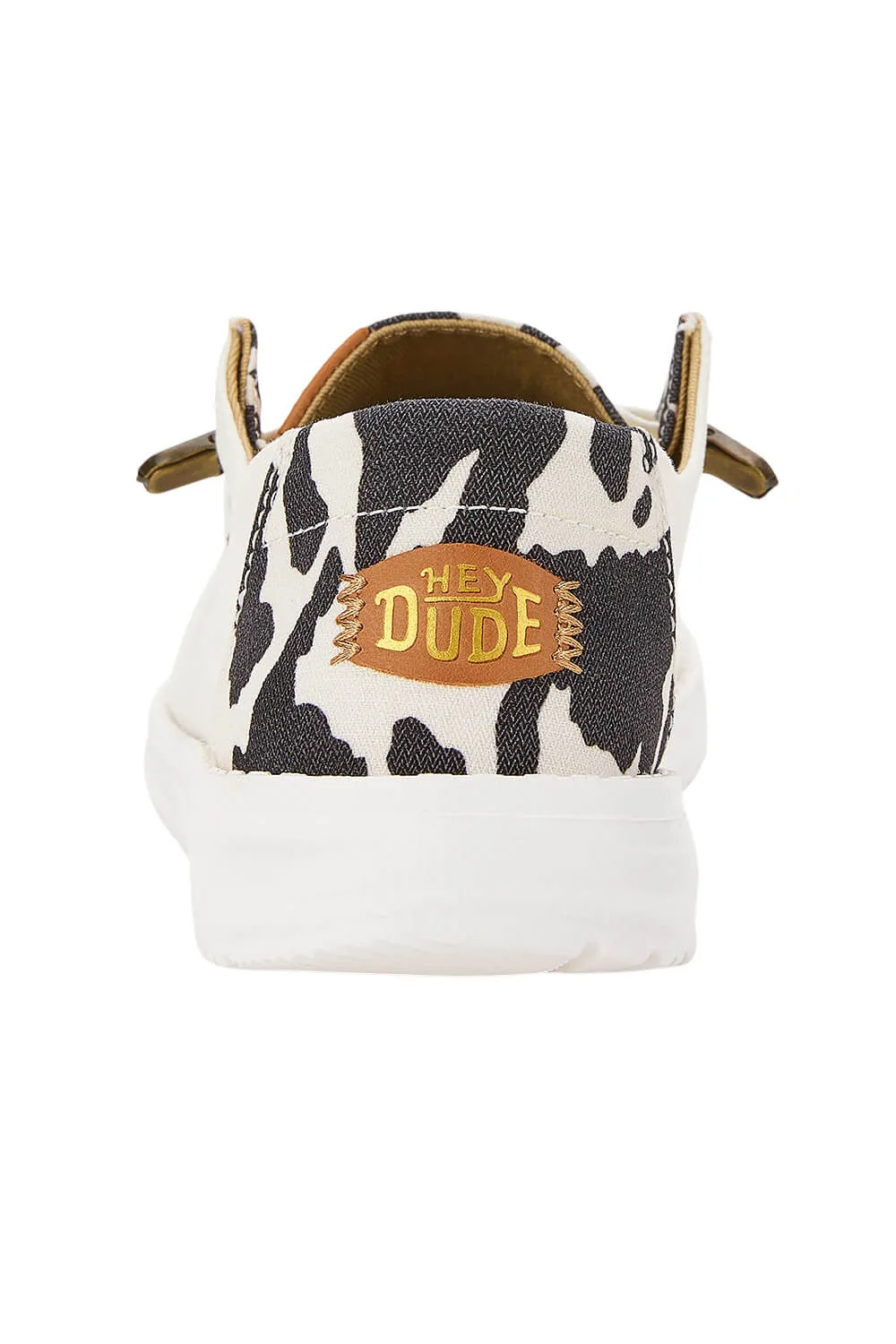 HEYDUDE Women’s Wendy Cow Print Shoes in White/Black | 41037-11G