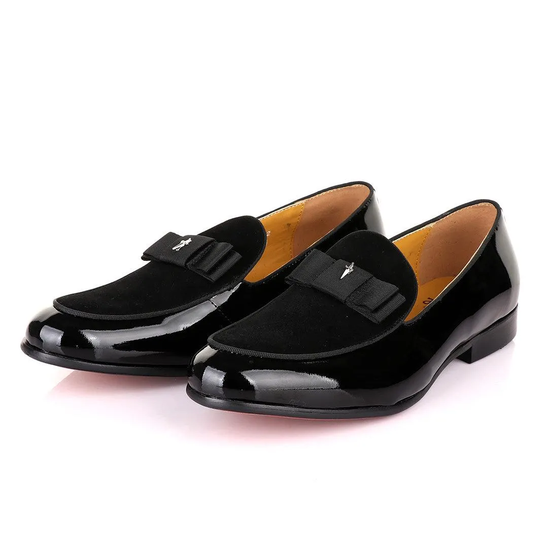 John Mendson Black Patent Bow With Logo Suede Loafers Shoe