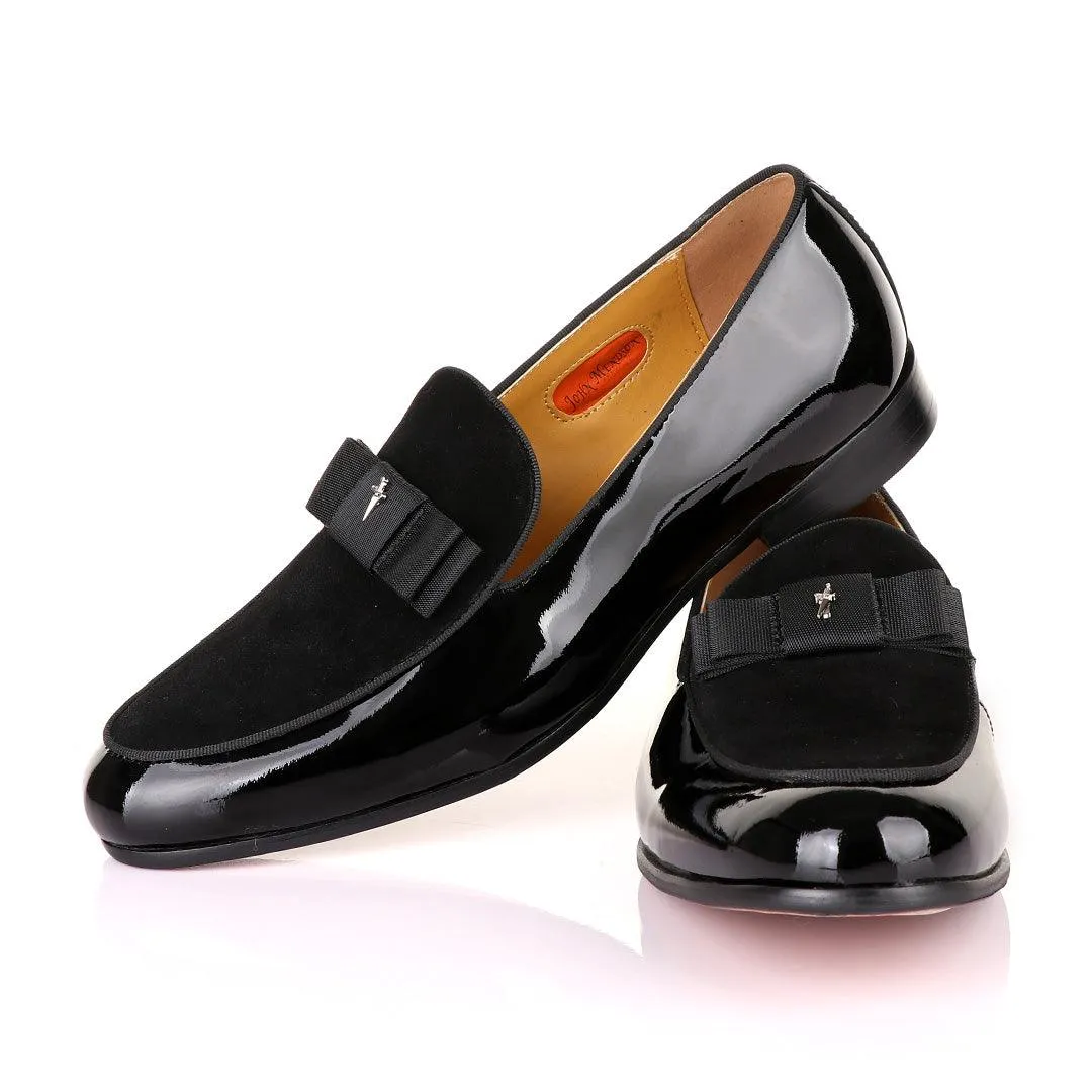 John Mendson Black Patent Bow With Logo Suede Loafers Shoe