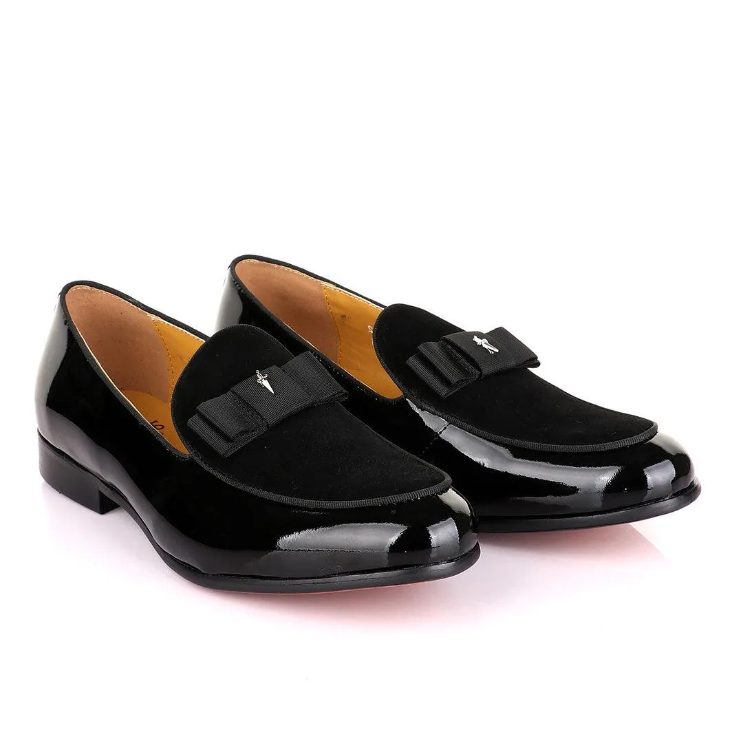 John Mendson Black Patent Bow With Logo Suede Loafers Shoe