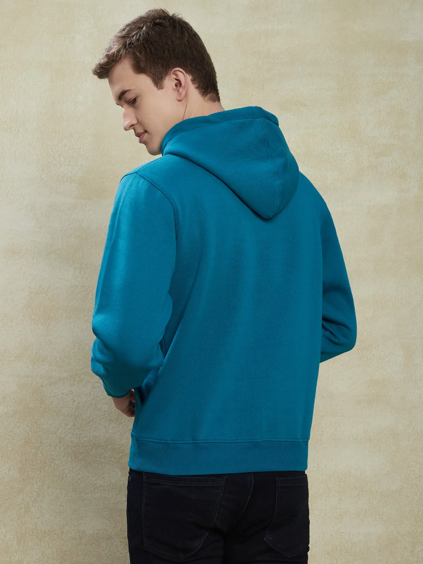 Knitted Turquoise Printed Regular Fit Full Sleeve Casual Sweatshirt