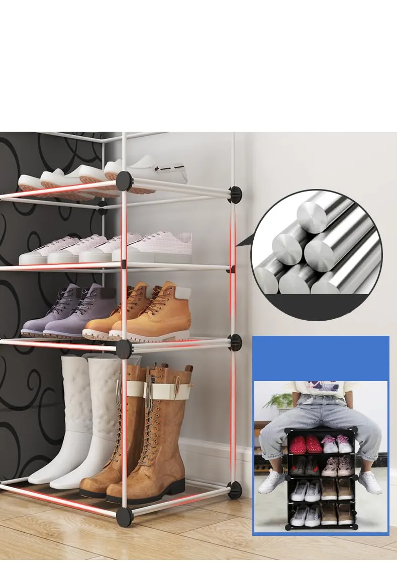 Kuber Industries Pack of 6 Shoes Cabinet |2 Column 4-Tier Foldable Shoe Rack Organizer for Closet | Plastic Shoe Shelf Collapsible Shoes Storage Box | Shoe Cabinet with Lids | JL2C4TBK | Black