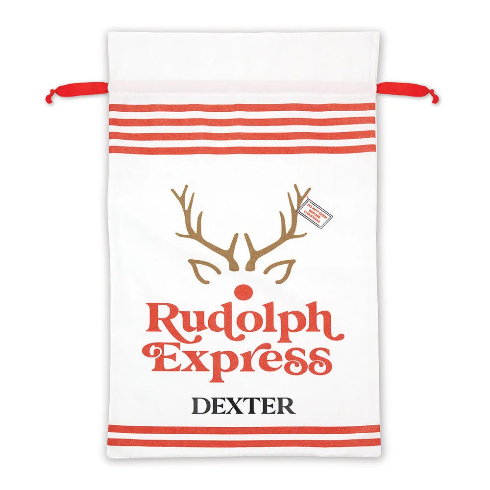 LARGE PERSONALIZED DRAWSTRING SANTA SACK FOR GIFTS -  RUDOLPH EXPRESS