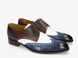 Men’s Blue, White Brown Leather Shoes, Wing Tip Brogue Dress Lace Up Shoes