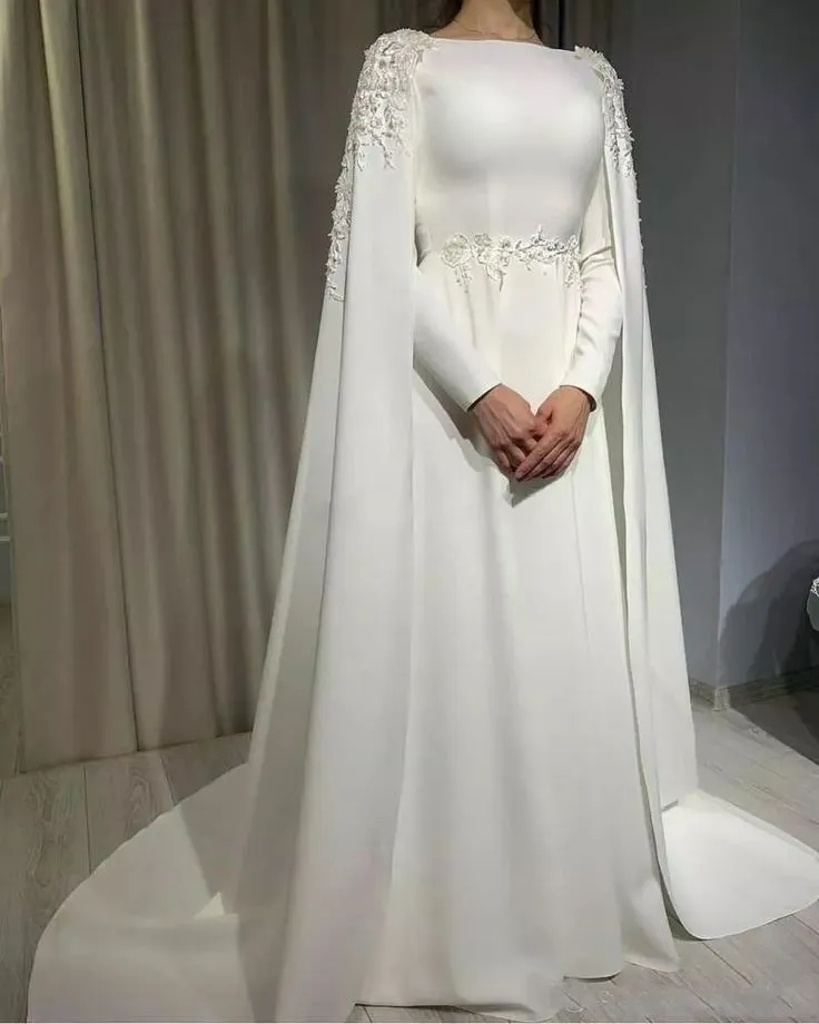 Muslim Wedding Dress with Cape Long Sleeves Satin Prom Dresses