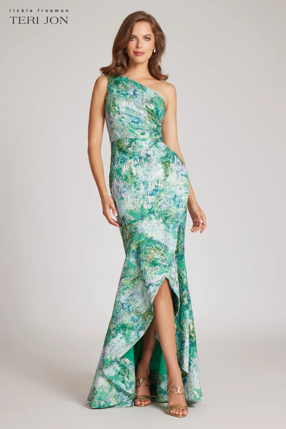 One Shoulder Jacquard Front Slit Gown