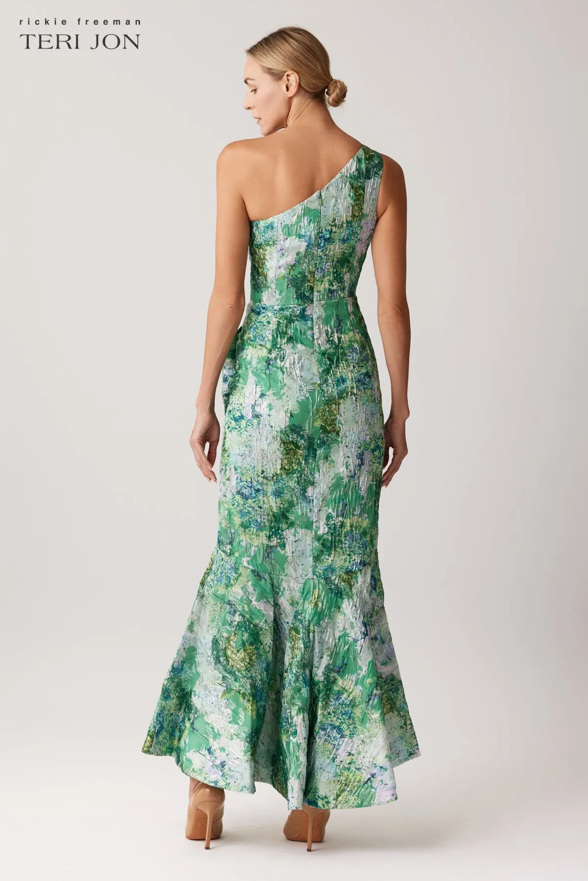 One Shoulder Jacquard Front Slit Gown