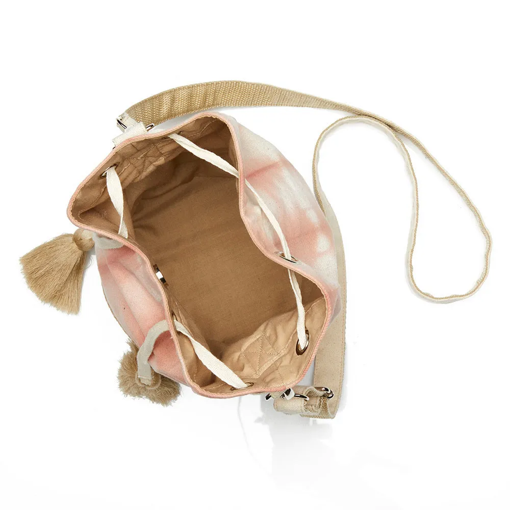 Peach Colored Shibori and Seagrass Bucket Bag