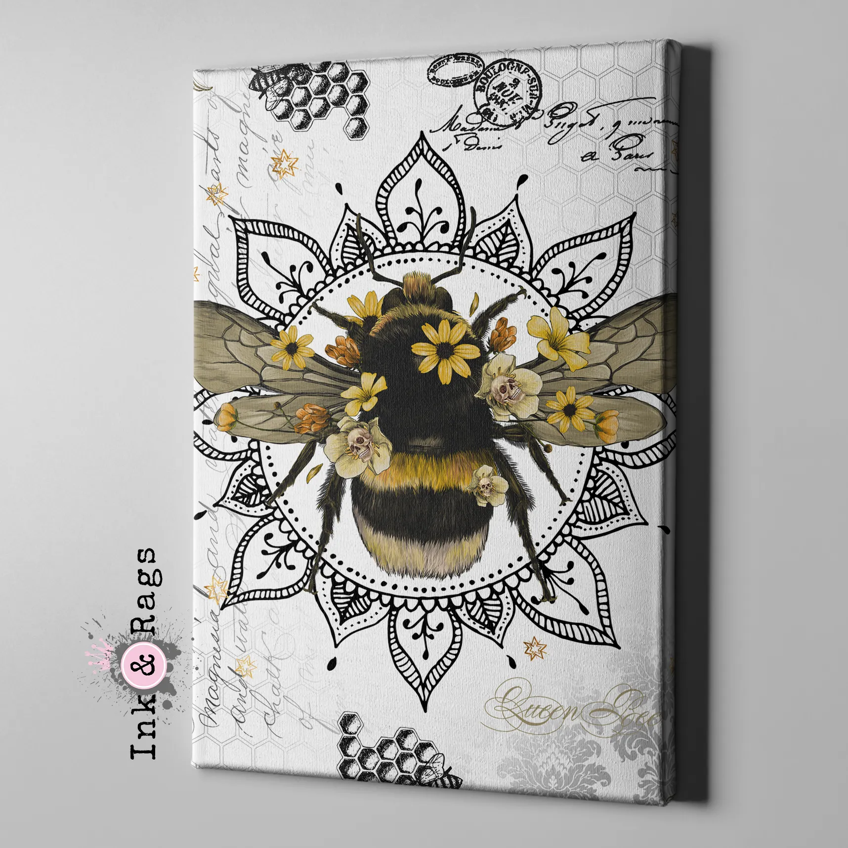 Poison Bee Mandala Skull White Gallery Wrapped Canvas