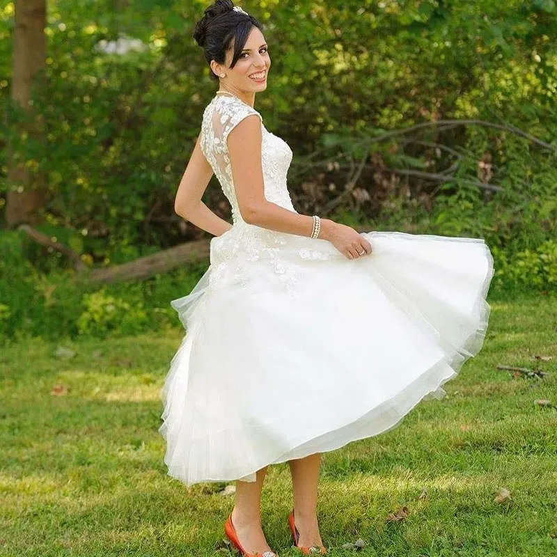 Rustic Vintage inspired 50s Lace Tulle Tea Length Wedding Dress with Cap Sleeves