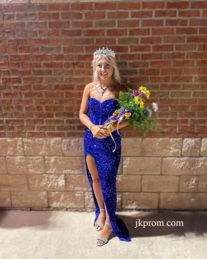 Shiny Mermaid Royal Blue Sequins Long Prom Dresses With Slit