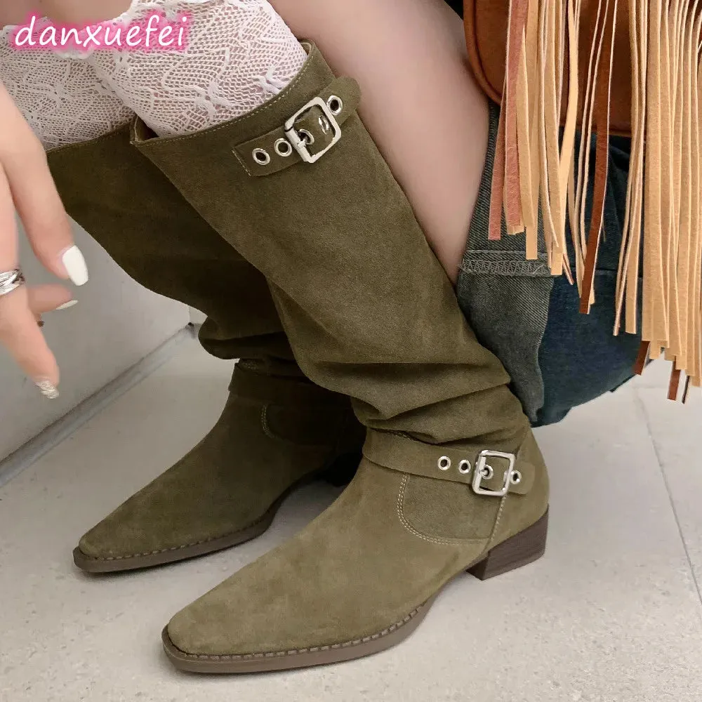 TAVIMART  -  plus size 34-42 women's natural suede leather flats autumn western boots double metal buckle casual long boots shoes