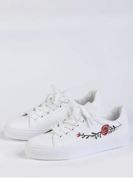 Trendy Faux Leather Flower Embroidery Athletic Shoes