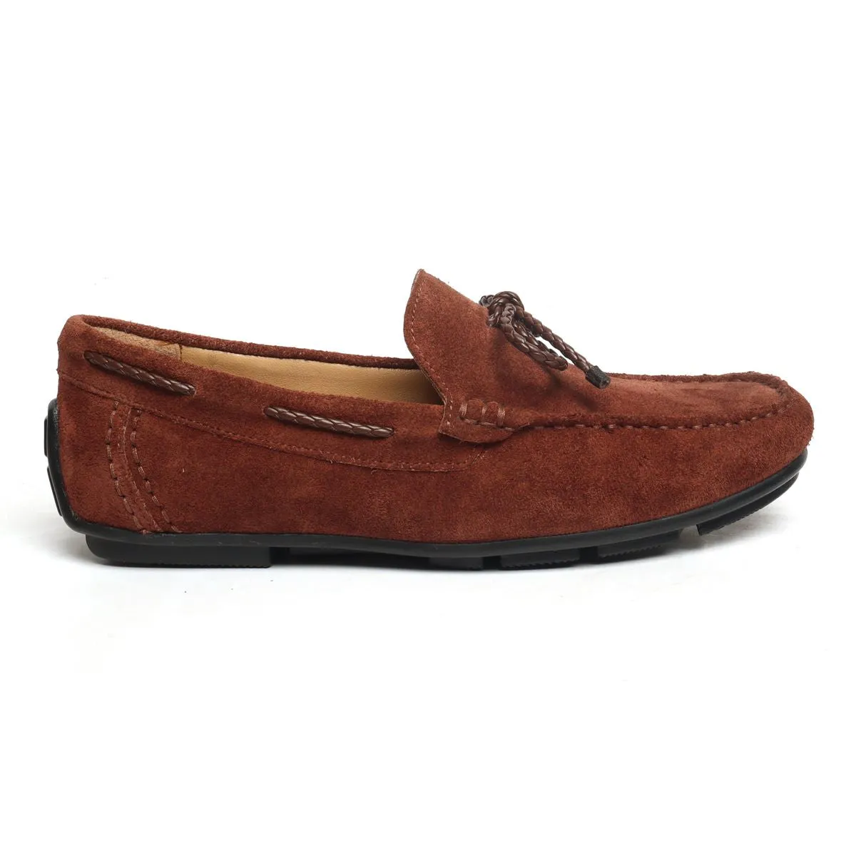 Weaved Tassel Bow Loafers in Brown Suede