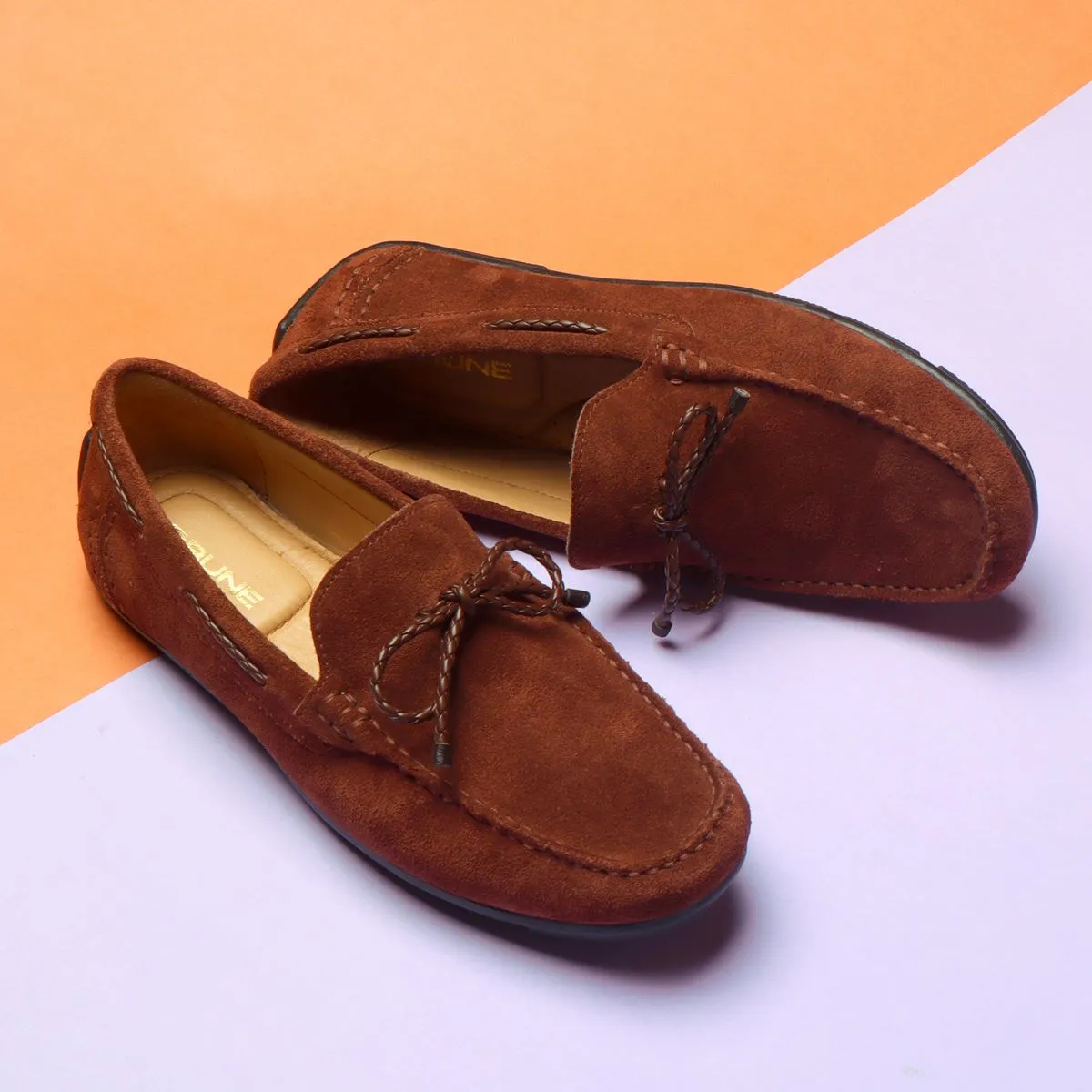 Weaved Tassel Bow Loafers in Brown Suede