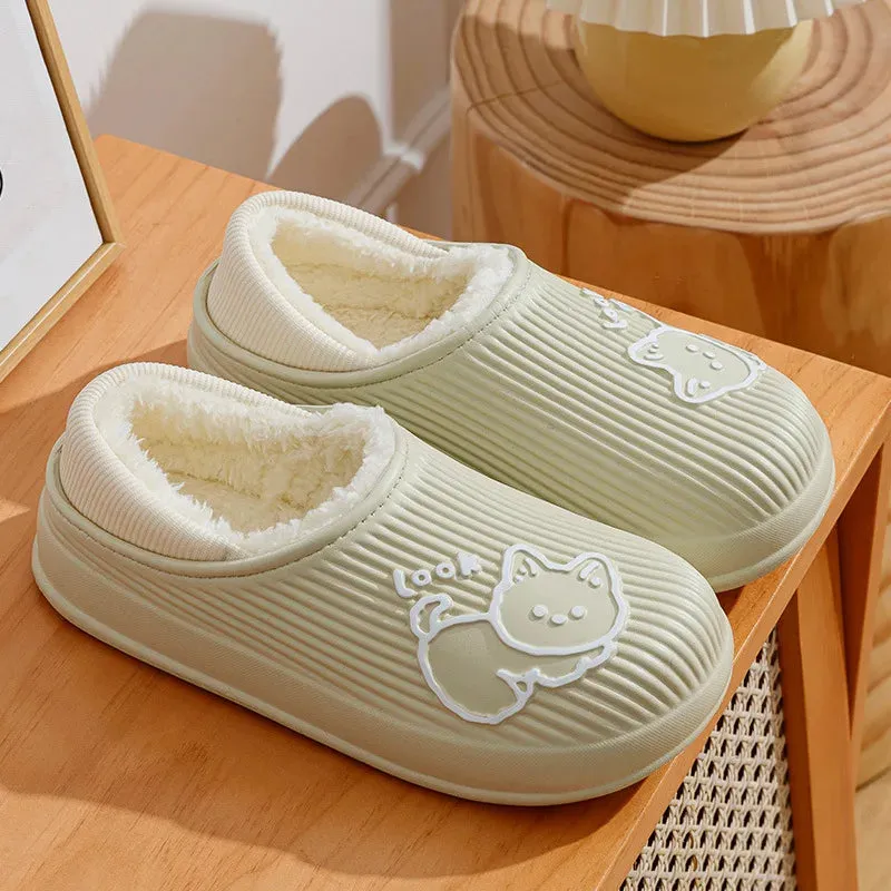 Winter Cozy Platform Man Women Slippers Fur Home Cotton Shoes Plush Waterproof Outdoor Fashion Cute Cat Slippers Non-slip Shoe