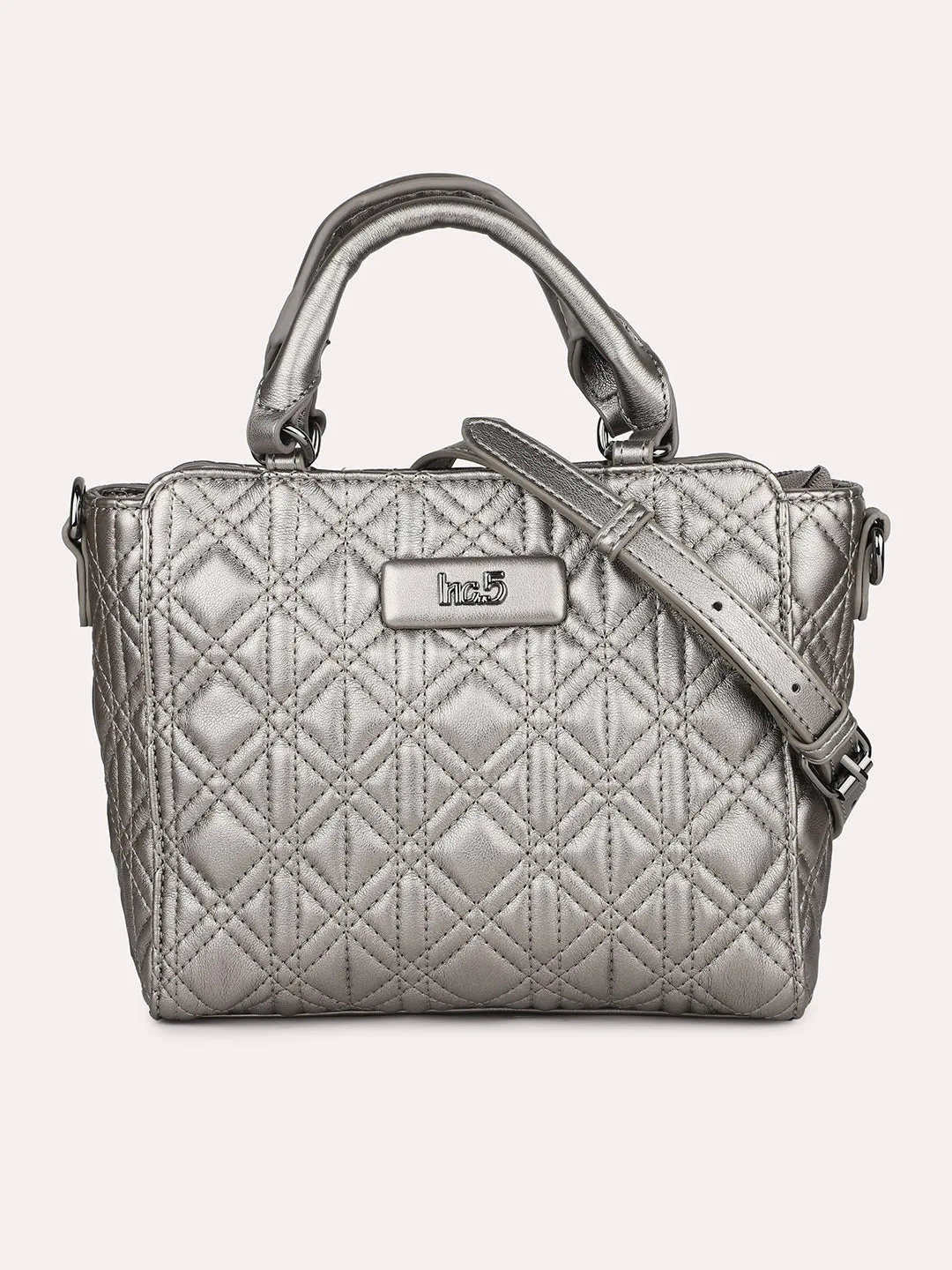 Women Pewter Textured Shoulder Bag With Quilted Detailing