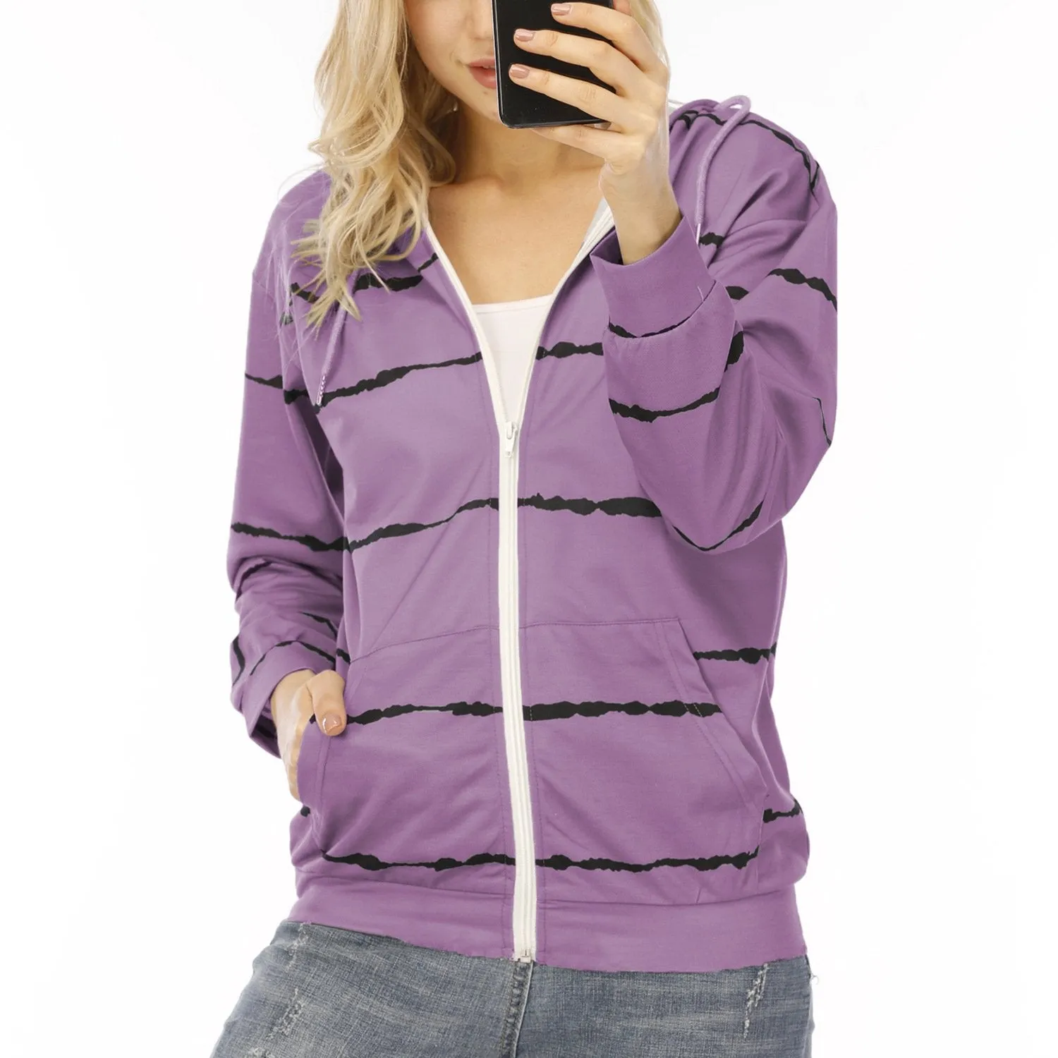 Women stripe printed sports drawstring zip up hoodies