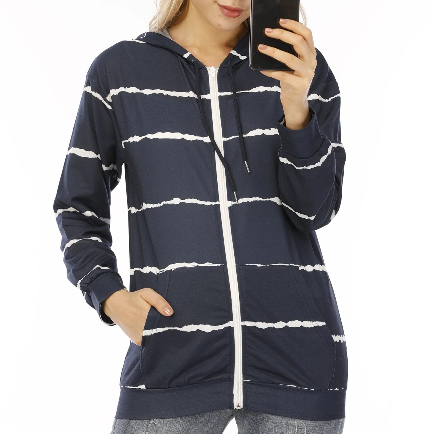 Women stripe printed sports drawstring zip up hoodies