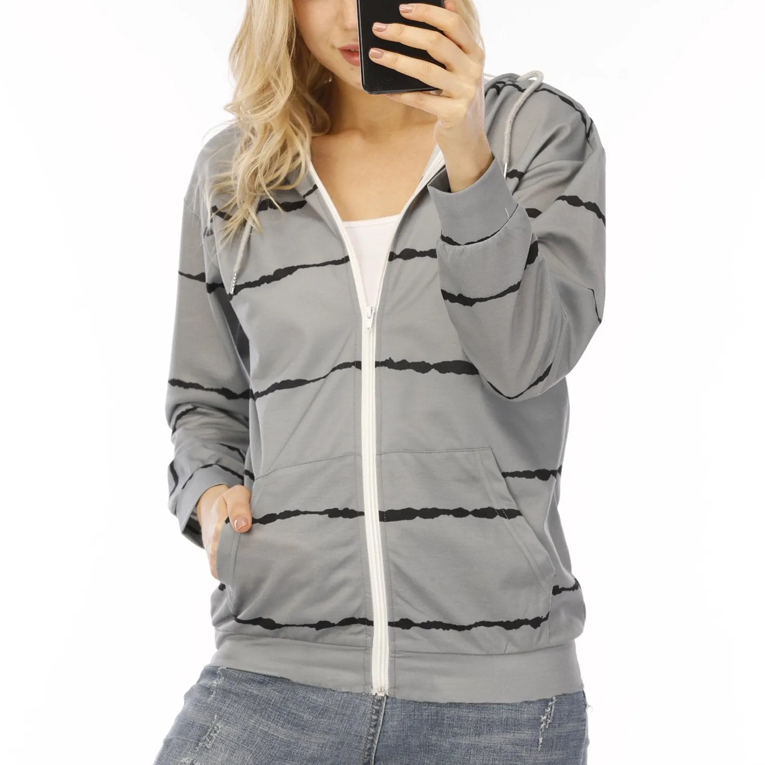 Women stripe printed sports drawstring zip up hoodies