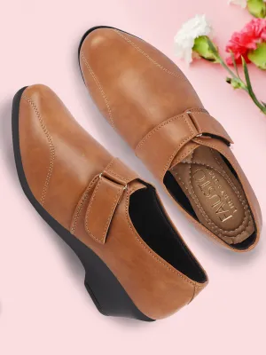 Women Tan Outdoor Fashion Hook and Loop Platform Heel Slip On Shoes